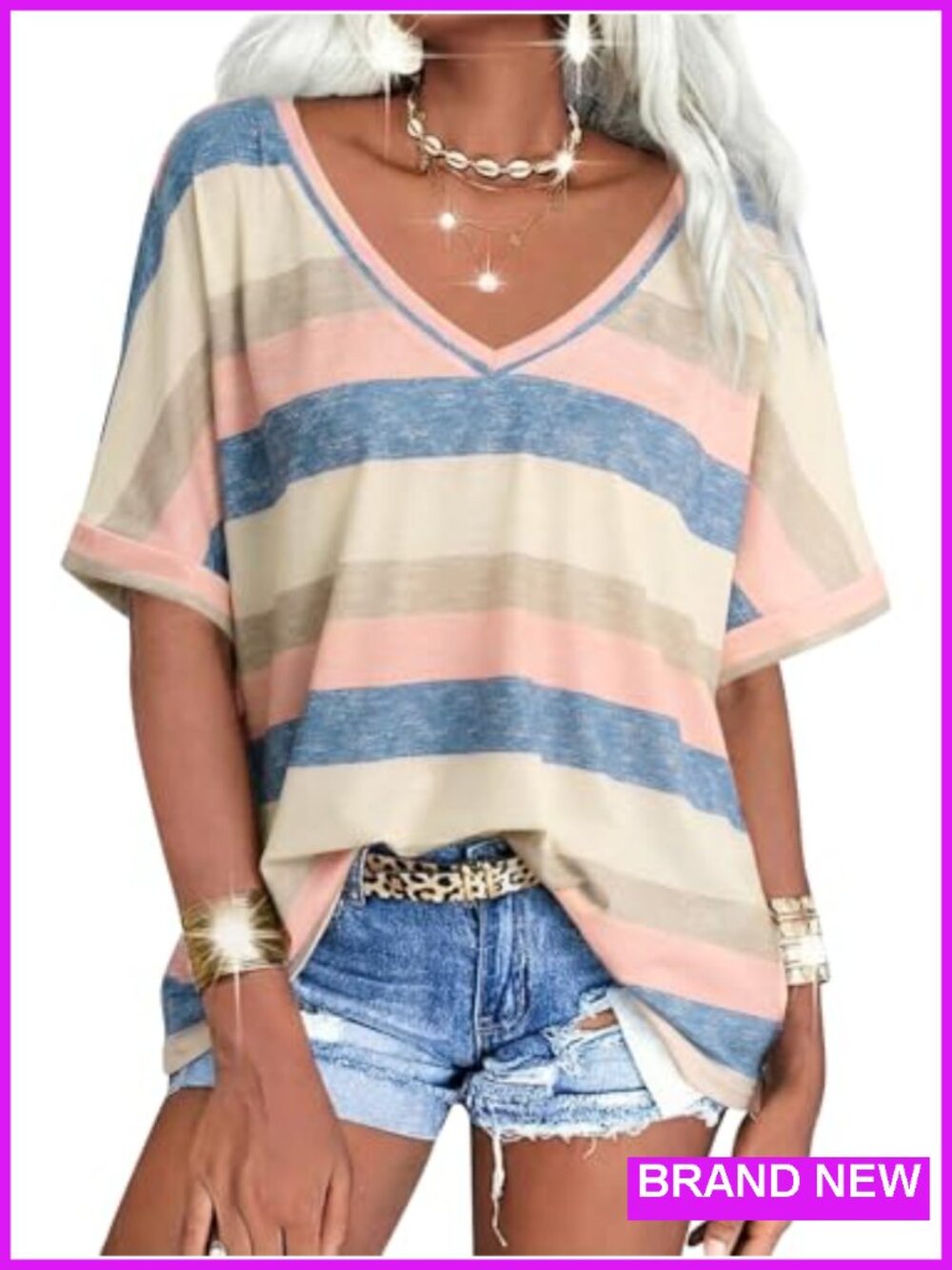 Oversized V-Neck T-Shirt, Short Sleeve, Batwing Sleeve, Casual Loose Fit Tee